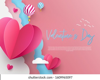 Valentine’s Day modern minimalistic design template for Website, greeting or promo banner, flyer, poster in paper cut style with cute flying Origami Hearts over clouds with air balloons in the sky.