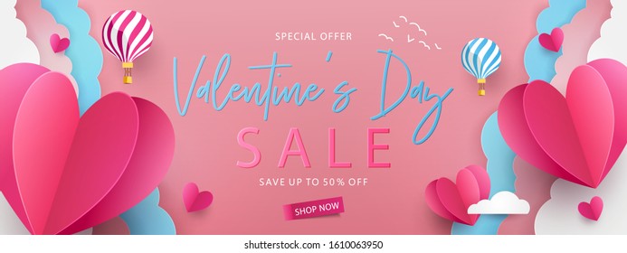 Valentine’s Day modern minimalistic design template for Website, greeting or Sale banner, flyer, poster in paper cut style with cute flying Origami Hearts over clouds with air balloons in the sky.