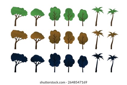 Day, morning and night unique trees, set of cartoon trees isolated on a white background vector illustration