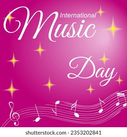 Day of music. Pink background with musical notes and yellow stars.