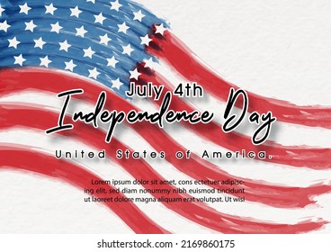 The day and name of event and example texts on the USA flag in watercolors style and white paper pattern background.  Card and poster of the U.S.A independence day in vector design.