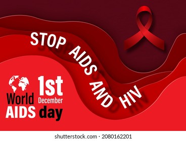 The day and name of event with slogan and red ribbon on layers abstract shape in paper cut style on paper pattern background. Card and poster's campaign of World AIDS day in vector design.
