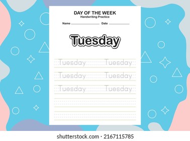 Day name of the week trace and writing practice sheet