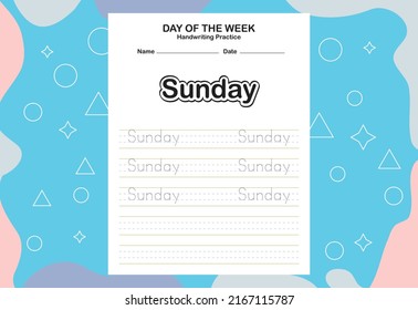 Day name of the week trace and writing practice sheet