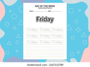 Day name of the week trace and writing practice sheet