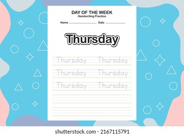 Nombre del día de la hoja de prácticas de seguimiento y escritura de la semana