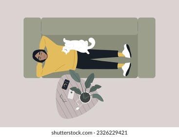 Day napping, A top view of a young relaxed character lying down on the sofa in the living room