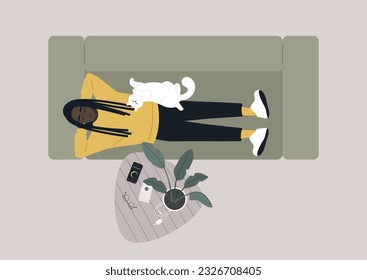 Day napping, A top view of a young relaxed character lying down on the sofa in the living room