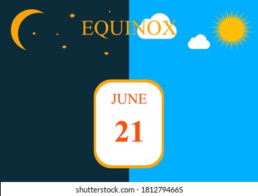 Day of the natural equinox of day and night. Summer solstice. Winter solstice. Equinox of sun and moon. Moving planets. Summer and winter are seasons. Calendar days. December. June. Vector.