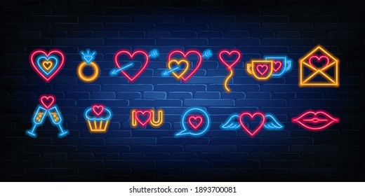 Valentine’s Day Neon Icons. Love and wedding glowing icon  set. Stock vector illustration.