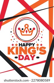 King’s Day in Netherlands. Koningsdag in Dutch. Nation’s cultural heritage and the celebrate birthday of His Majesty King. Dutch royal family. Netherlands flag. Orange colour or orange madness. Vector
