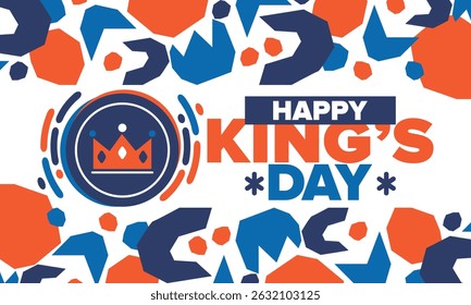 King’s Day in Netherlands. Koningsdag in Dutch. Nation’s cultural heritage and the celebrate birthday of His Majesty King. Dutch royal family. Netherlands flag. Orange colour or orange madness. Vector