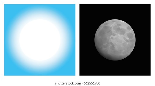 Day and nigh - sun and moon - artistic abstract illustration of symbolic coexistence pair - isolated vector on white background.