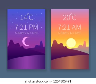 Day night app. Morning, night and day sky. Nature landscape with trees and hills. Weather flat background for phone interface. Vector concept