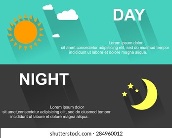 Day and night banners with sun and moon in flat style with long shadows