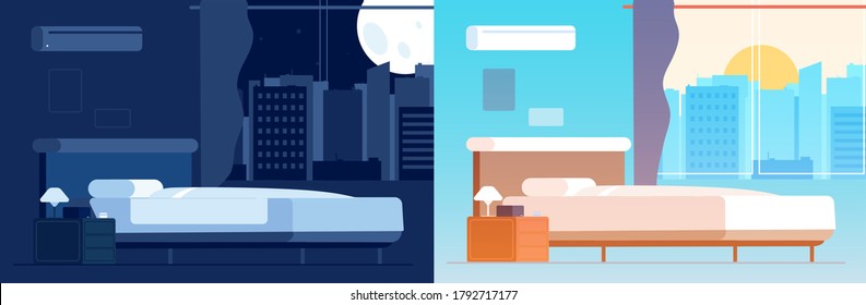 Day night bedroom interior. Room location in different time. Empty home with bed vector illustration