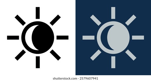 Day and night. Black and white sun icons with the moon. Symbols of brightness and dark mode. Brightness control icons