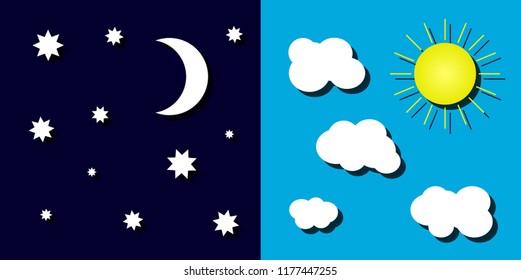 Day Night Blue Sky background with stars moon sun and white clouds