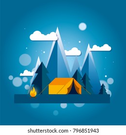 Day and night in a camping in the mountains or forest with a tent and a fire. Internet banner or design for a postcard, flyer or poster. Vector illustration.
