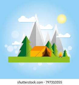 Day and night in a camping in the mountains or forest with a tent and a fire. Vertical internet banners or design for a postcard, flyer or poster. Vector illustration.

