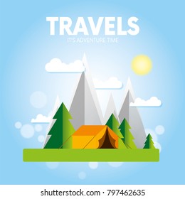 Day and night in a camping in the mountains or forest with a tent and a fire. Vertical internet banners or design for a postcard, flyer or poster. Vector illustration.
