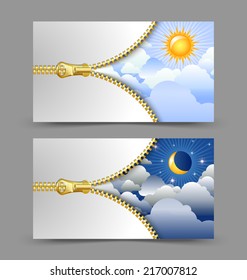 Day and night cards or banners with golden unzipped zipper isolated on background