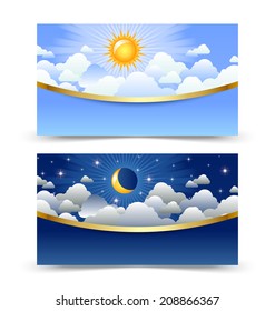 Day and night cards or banners isolated on white background