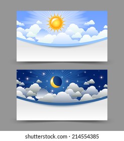 Day and night cards or banners isolated on grey background
