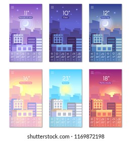 Day and night. Cartoon daytime phone wallpaper with city buildings, sun, moon and stars sky landscape. Smartphone nature screen, weather vector backdrop isolated symbols set