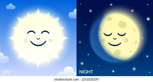 Day and night cartoon vector illustration with smiling sun and sleeping moon funny characters.
