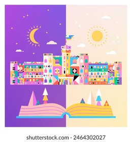 Day Night Castle Concept. Vector Illustration of the Magical Fantasy Building with Open Book Promotion. Moon and Sun.