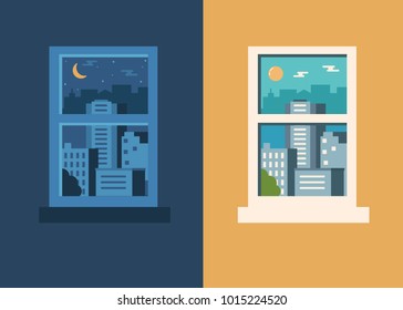 Day And Night City Concept. Flat Style Vector Illustration.