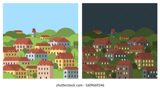 Day and night city landscape. Flat vector illustration. Tiled roof houses and trees