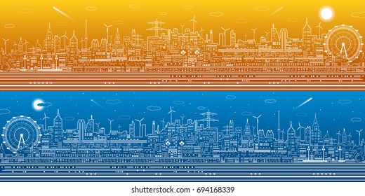 Day and night city panorama, town infrastructure illustration, ferris wheel, modern skyline, white lines on blue background, vector design art 