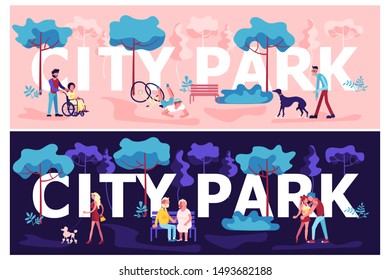 Day and Night City park horizontal banner template. People enjoying in public garden. Summer Outdoors activities. Flat Art Vector illustration