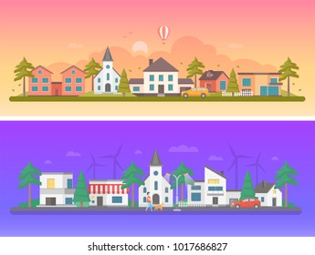 Day and night city - set of modern flat vector illustrations on orange and purple background. Two variants of urban landscapes with buildings, woman walking a dog, church, cars on the road, windmills