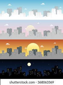 Day And Night City Skyline. Morning, Evening, Day And Night Town Background. Cityscape Flat Vector Illustration.