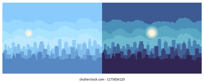 Day and night City skyline vector illustration. Modern city landscape vector background.  Gorizontal Urban landscape.