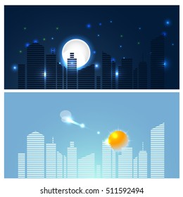 Day and night in city. Vector urban illustration