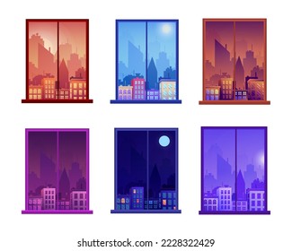 Day and night city window. Morning and evening. Afternoon time room view. Sky outside of house or home. Downtown buildings. Midnight urban scenery. Vector illustration recent landscapes set