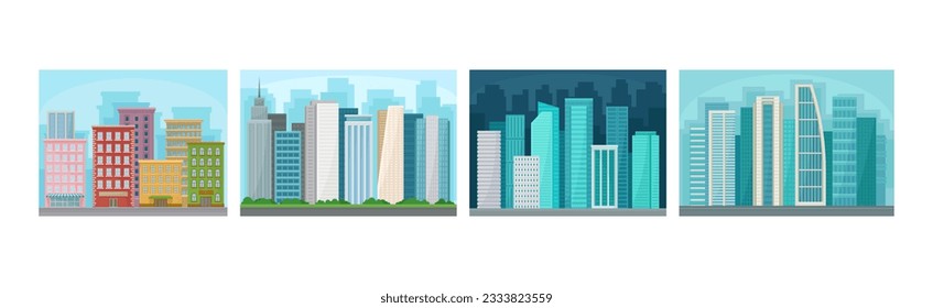 Day and Night Cityscape with Buildings and Urban View Vector Set