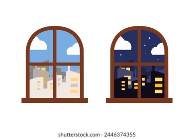 Day and night cityscape window frame. Window with skyscraper building. Landscape, urban city concepts. Flat modern decorative vector design isolated on white background.