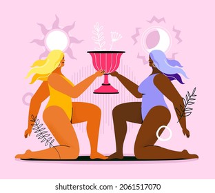 Day and night - colorful flat design style illustration with a cartoon character. Two beautiful women in swimsuits holding big pink bowl. Equilibrium and world order in fragile female hands idea