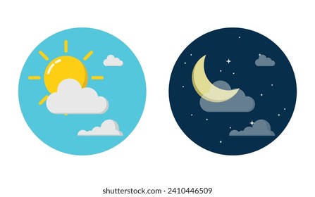 Day and night concept in circle template with sun and moon in sky. Vector Illustration