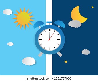 day night concept clock face vector illustration. Blue sky with clouds and sun. Moon and stars in the night