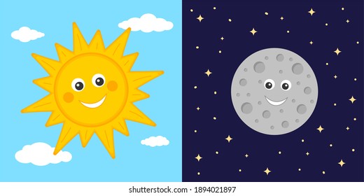 Day and night concept. Cute sun and moon characters. Sun on blue cloudy sky and moon on dark starry space background. Astronomy for kids. Vector cartoon illustration.