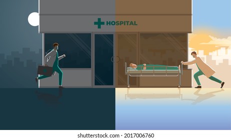 Day and night concept of a doctor run to a hospital for a late night shift duty. The medical staff push emergency patient beds in the early morning. Career lifestyle of work hard overtime and overwork