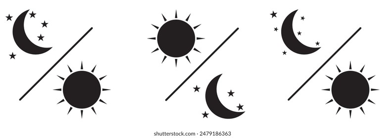 Day night concept. day and night icon. Sun and moon icon vector day and night icon set. dark and light mode icons , Screen brightness and contrast level signs and symbols for app user.
