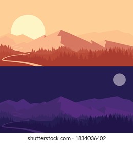 Concepto de día y noche. Panorama de montañas detrás del bosque y la carretera de montaña. Amanecer, atardecer y noche con luna llena. Ilustración del vector