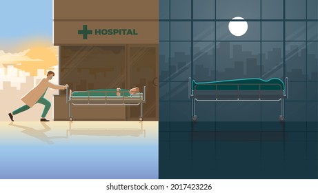 Day and night concept. The severity of the disease, infection, and the pandemic of virus, medical staff transport bedridden patients to a hospital in the morning. Then, the patient died at night